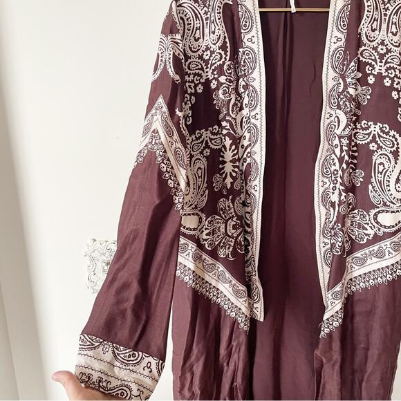 Free People Brown Satin Bandana Print Long Kimono Duster M - Picture 5 of 9